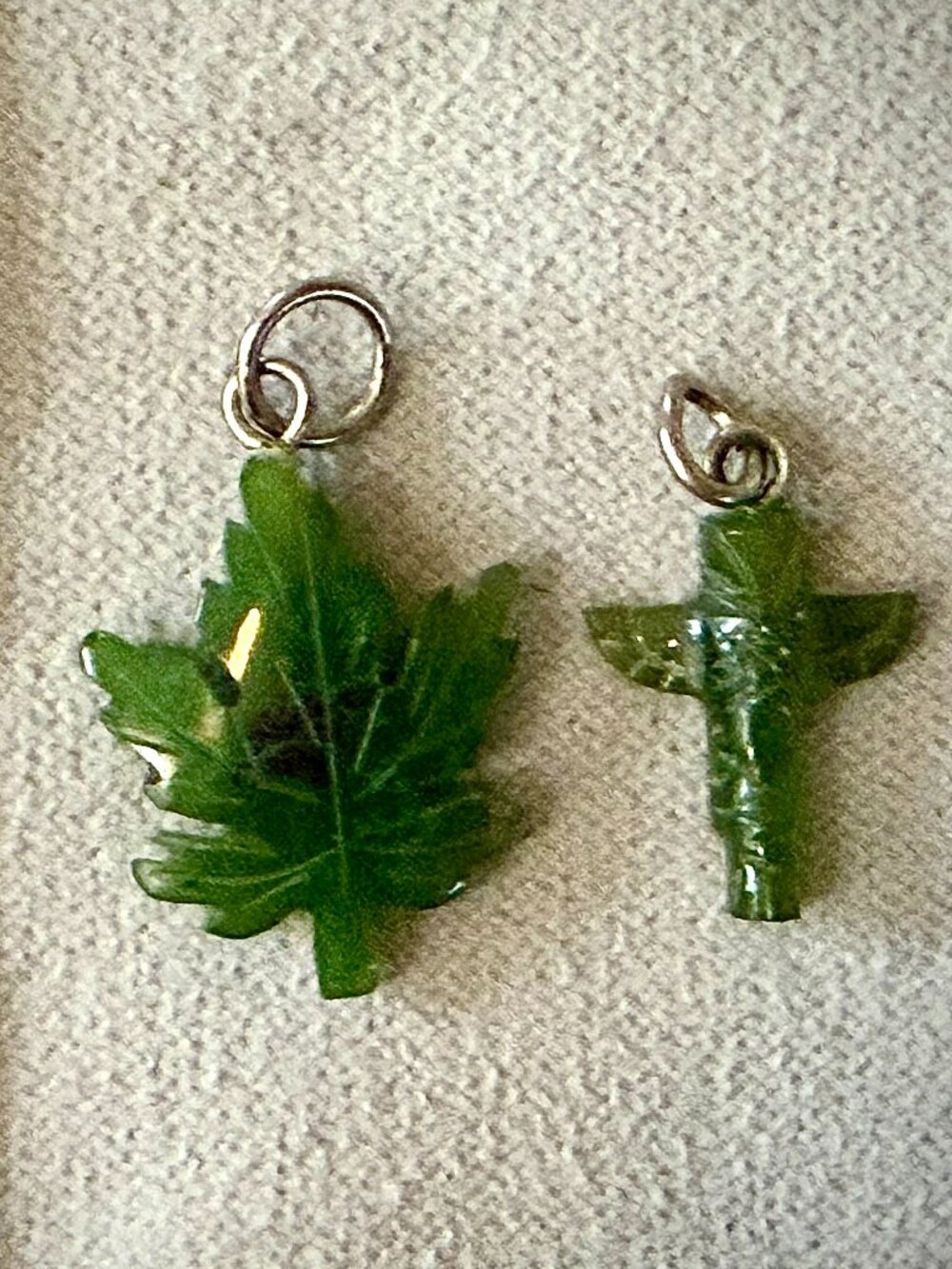 Carved Green Jade Maple Leaf and Cross Pendant Set Canadian BC Jade